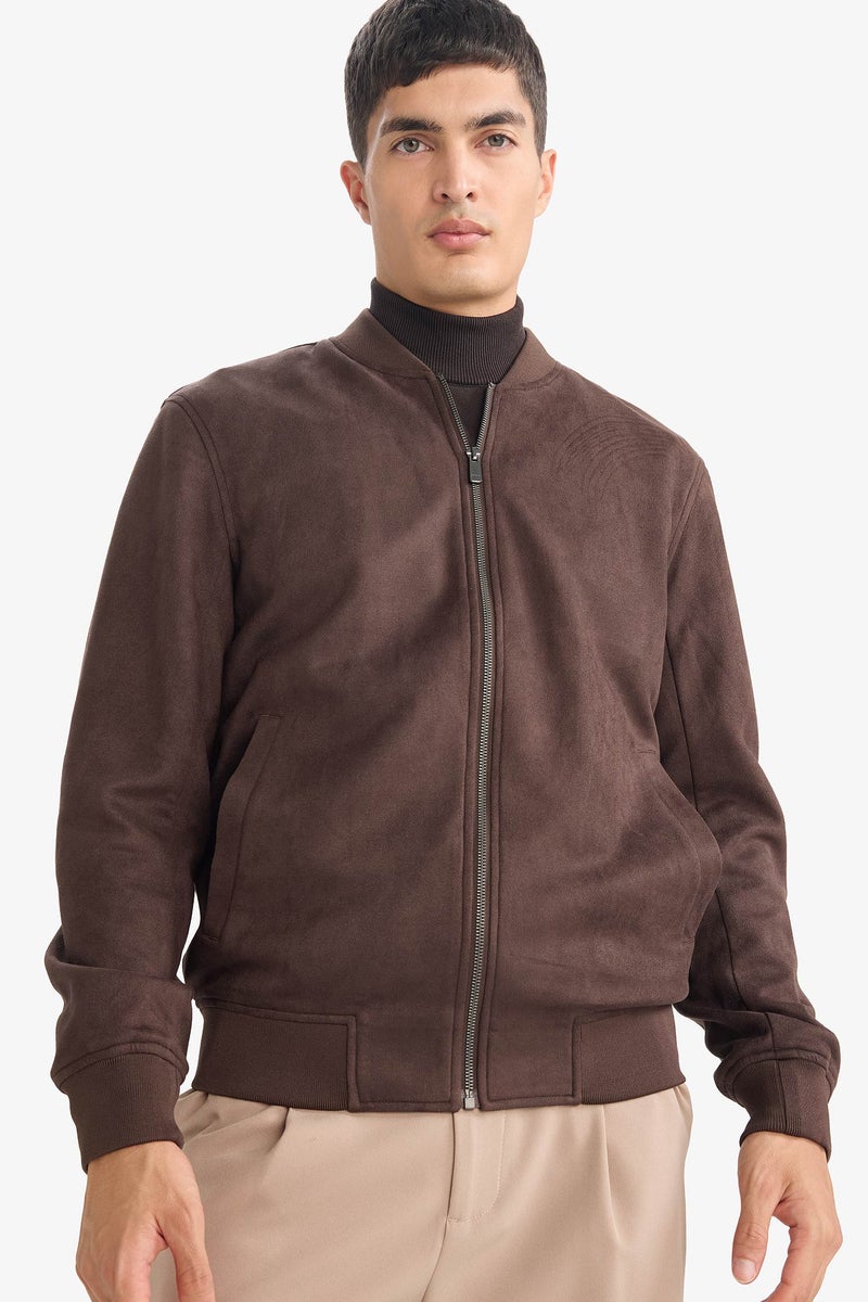 DeFacto Brown Man Slim Fit Lined Suede Lined Bomber Jacket Casual - Image 1